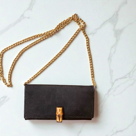 Authentic Gucci GG Guccissima logo bamboo wallet on chain black - Picture 1 of 12
